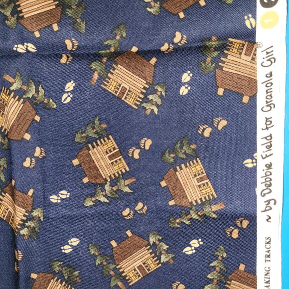 1 Yard of Cabins in the Woods Fabric on Blue Background - Picture 1 of 2